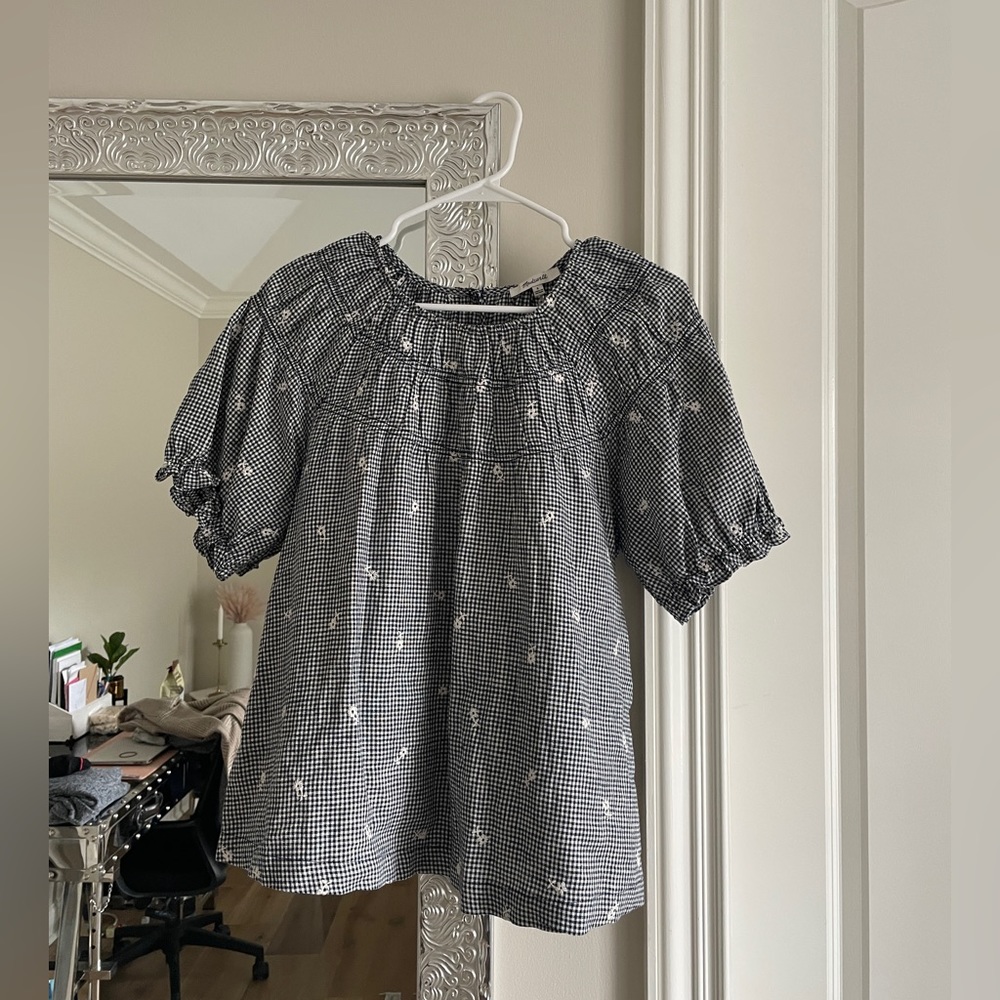 Madewell Embroidered Gingham Shirred Puff-Sleeve Top